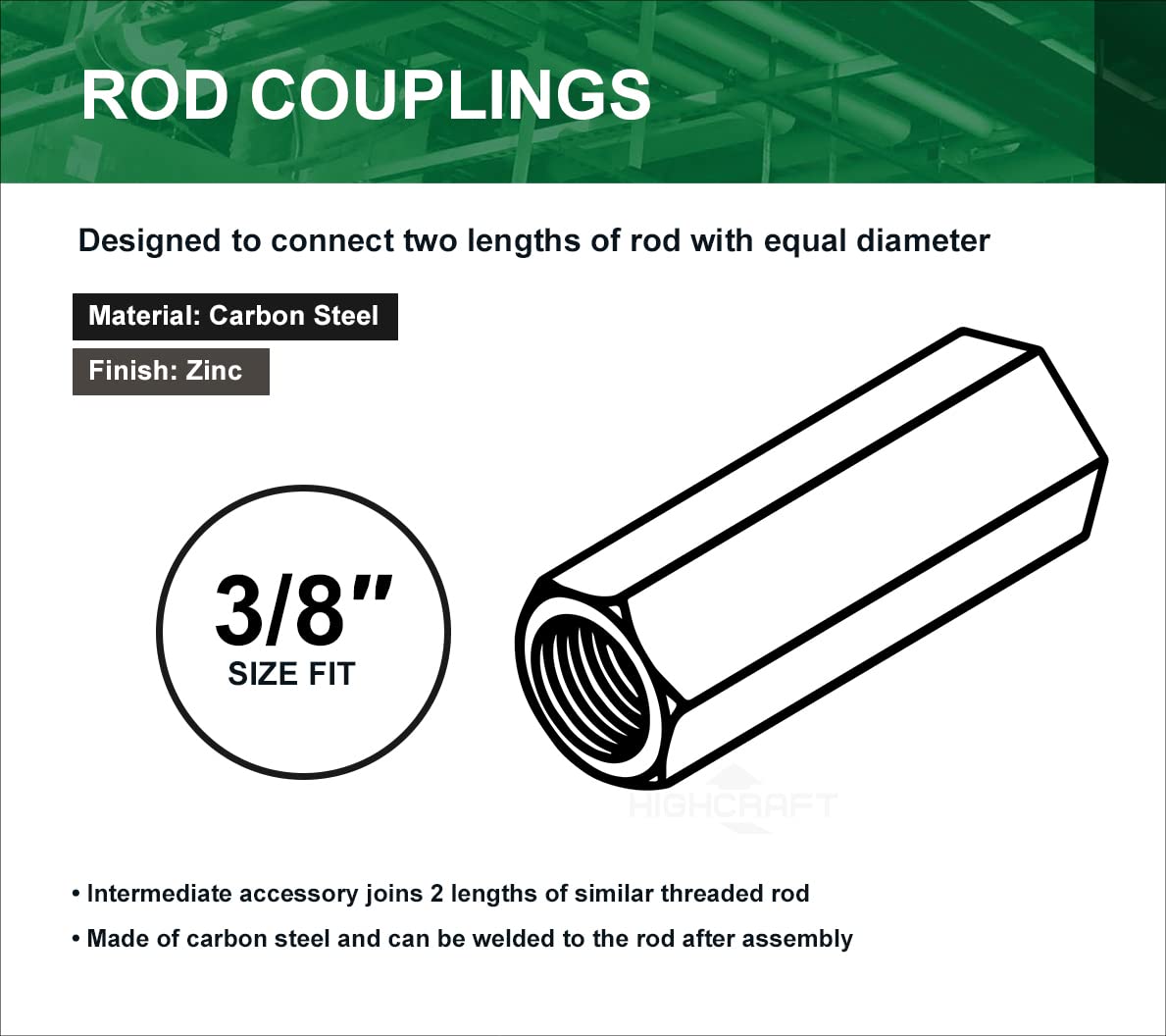 Highcraft DSP-A50 Rod Coupling Nuts 3/8-Inch Diameter by 1-1/8-Inch Length, Zinc Plated, 80 Pack