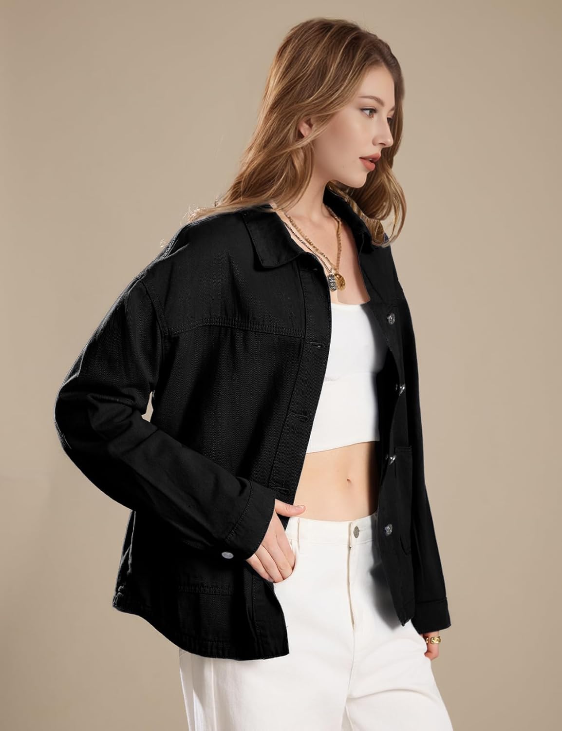 Flygo Casual Jackets for Women Trendy Button Down Fall Jackets Long Sleeve Shirts Shacket Jackets 2025 - Image 3