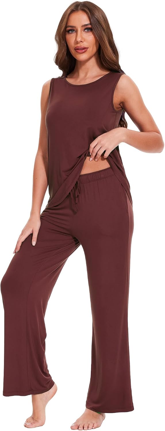 GYS Bamboo Viscose Pajamas for Women Set, Soft Tank and Drawstring Pants Lounge Sets, Sleeveless Lightweight Sleepwear Pj Set