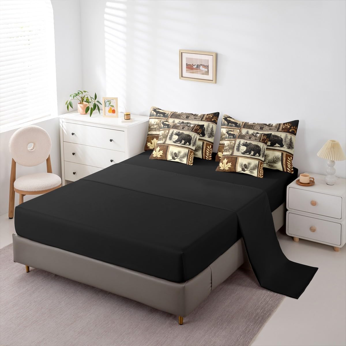 Erosebridal Hunting Bear Deer Bedding Set (King Size,7 Pieces) | Rustic Cabin Lodge Comforter Set with Sheets Country Patchwork Plaid Bed in A Bag Rural Maple Bear Paw Print Quilt Duvet Insert