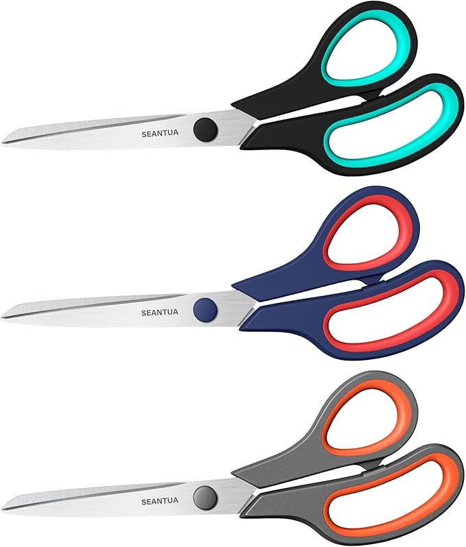 Scissors 3-Pack, 8'' Multipurpose Scissor with Ultra Sharp 2.5mm Thick Blades, Comfortable Handles, Heavy Duty Stainless Steel Scissor for Office Craft Home School Supplies, Right/Left Handed Scissors