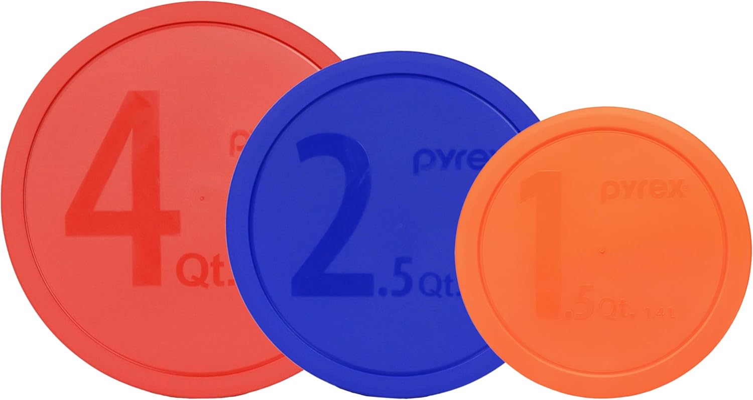 Pyrex 323-PC (1) 1.5qt Orange, (1) 325-PC 2.5qt Blue, (1) 326-PC 4qt Red Food Storage Replacement Lids - Made in USA
