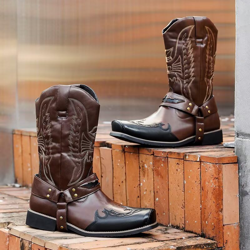Image of Cowboy Boots for Men - Western Men's Boots with Classic Embroidered, Slip on Square Toe Boots, Slip Resistant Country Boots