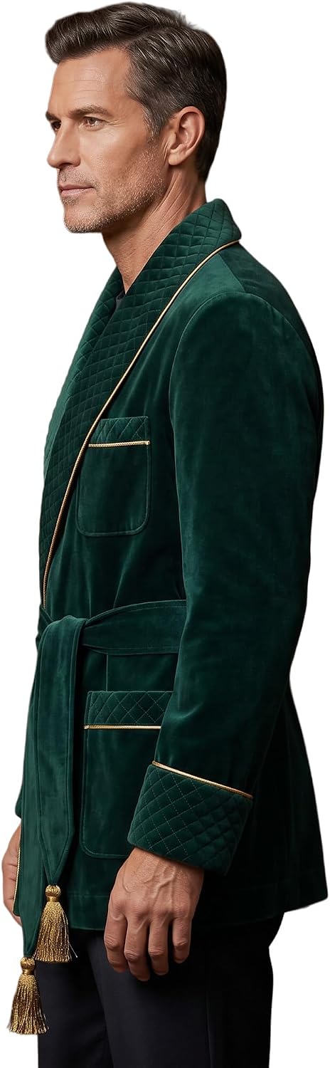 Men's Dressing Gown Quilted Smoking Jacket, Green Velvet With Gold Piping Tassels Robe’s