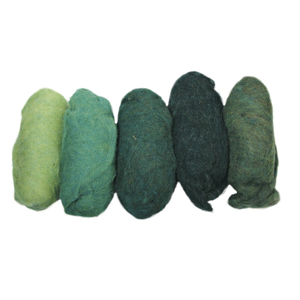 Rayher Green/ Multi-Colour Carded Wool For Felting, Set Of 5 Carded Felting Wool Batts In Different Shades, 100% Wool, 5X20g, 5363700