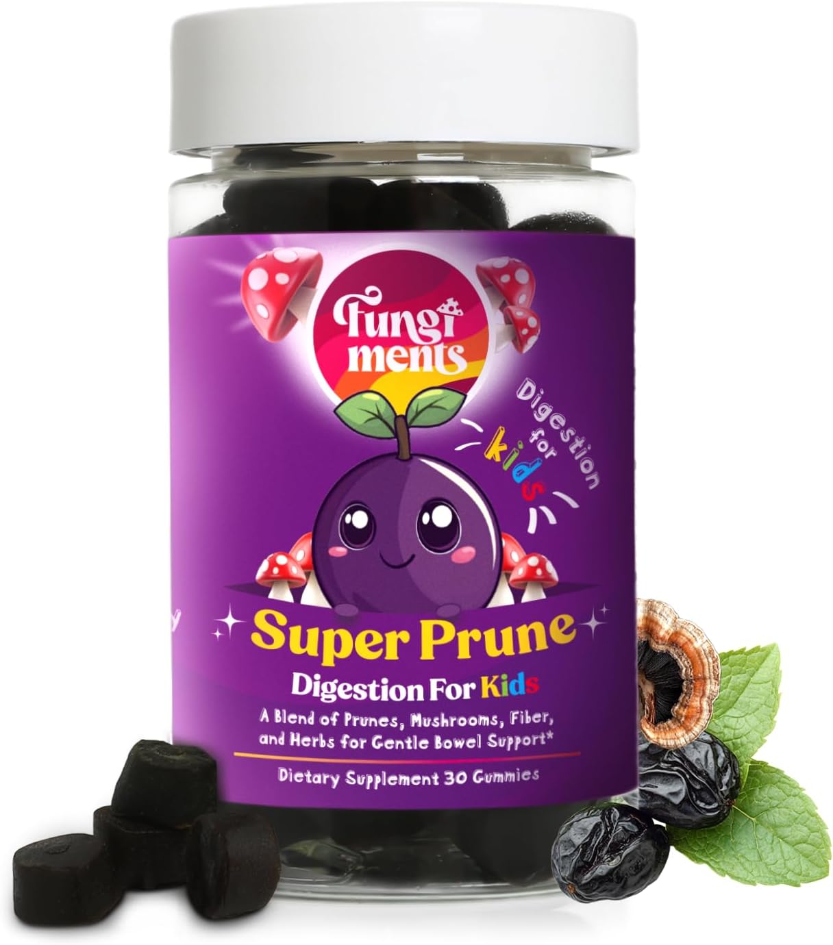 Fungiments Super Prune Kids - Great for Constipation Relief - Mushroom Supplement - Turkey Tail Mushrooms, Fiber, Rhubarb, Prunes, Ginger, Chamomile (30 Mushroom Gummies)