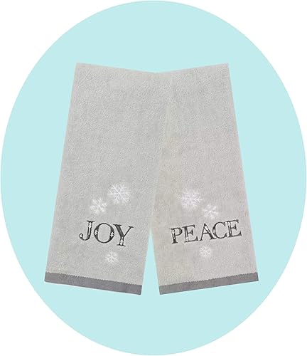 Miniatura 6 de Juego de 2 toallas de mano de baño de Navidad, juego de 2 toallas de terciopelo de rizo de algodón gris con alegría bordada, paz y copos de nieve