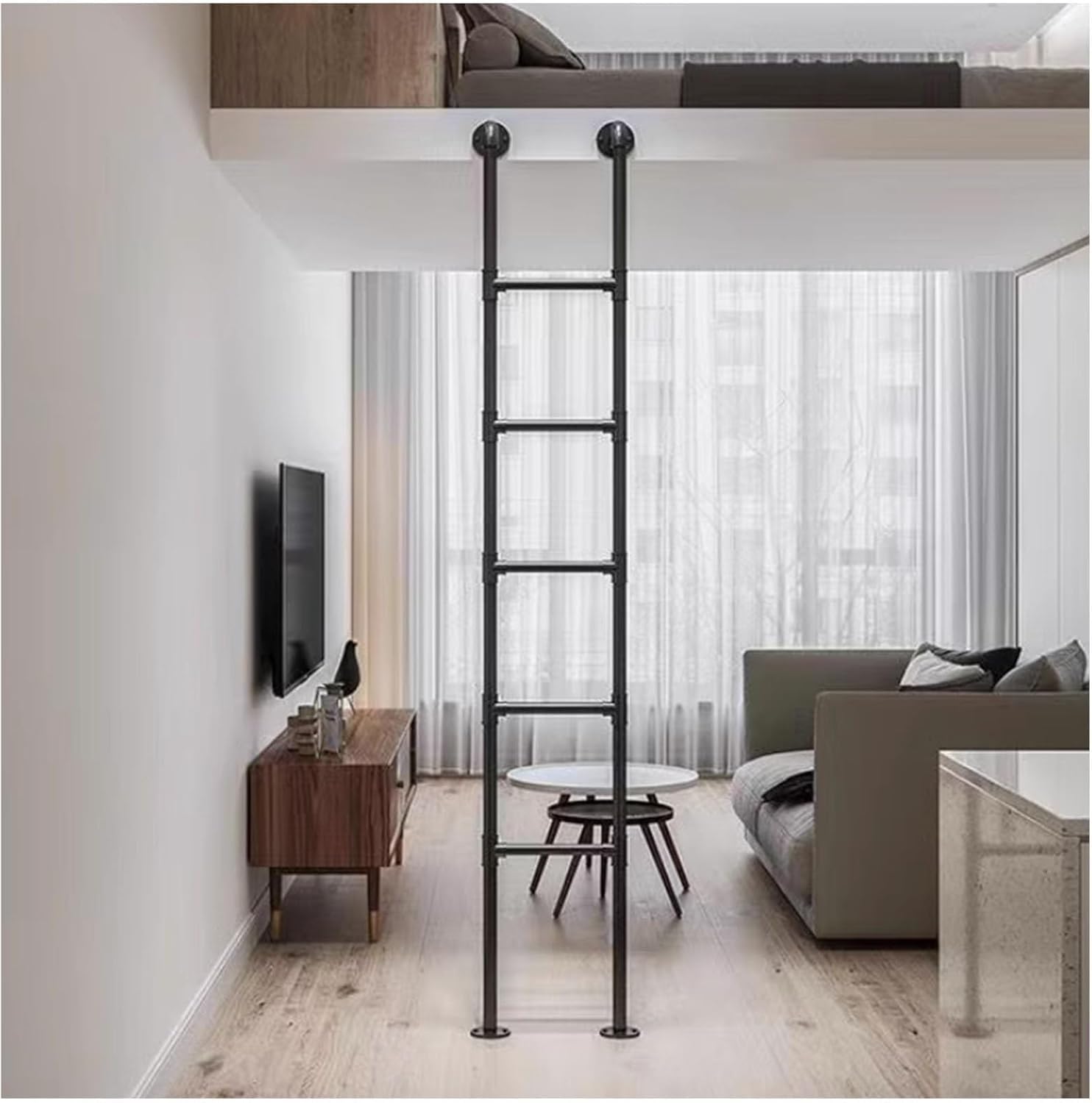 Wall Fixed Ladder, Wall Mounted Wrought Iron Step Ladder for High Bed Dorm Basement, Black, 145-165cm, 330lbs(165cm(64.9inch))