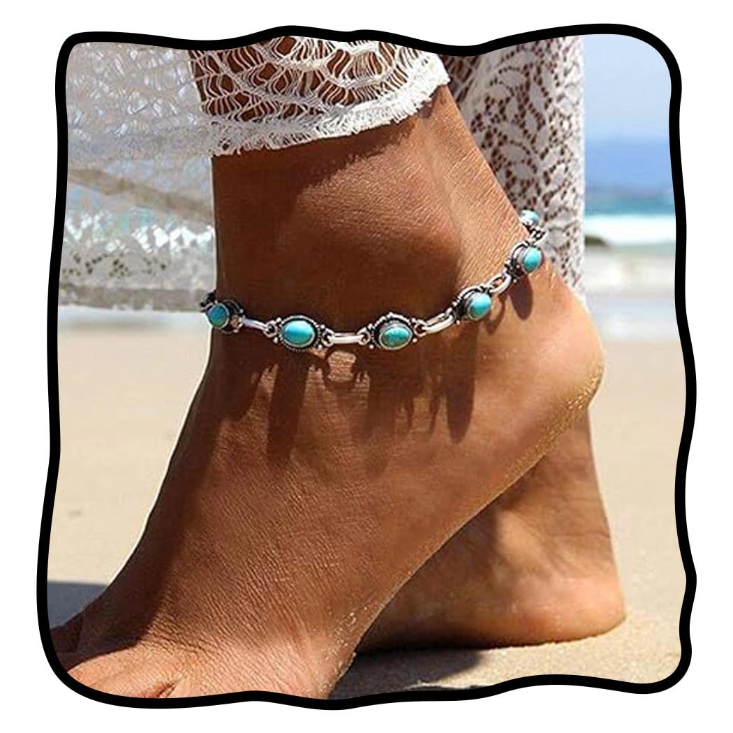 Boho Turquoise Anklet Black Vintage Ankle Summer Beach Adjustable Foot Jewelry for Women (Black)