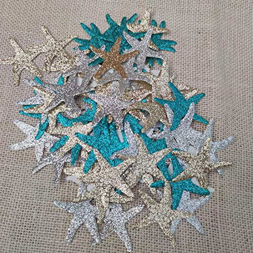 Mybbshower Glitter Paper Starfish Confetti for Birthday Party Table Scatter Beach Theme Party Wedding Decorations DIY Crafts Pack of 150 (teal gold silver) - Image 5