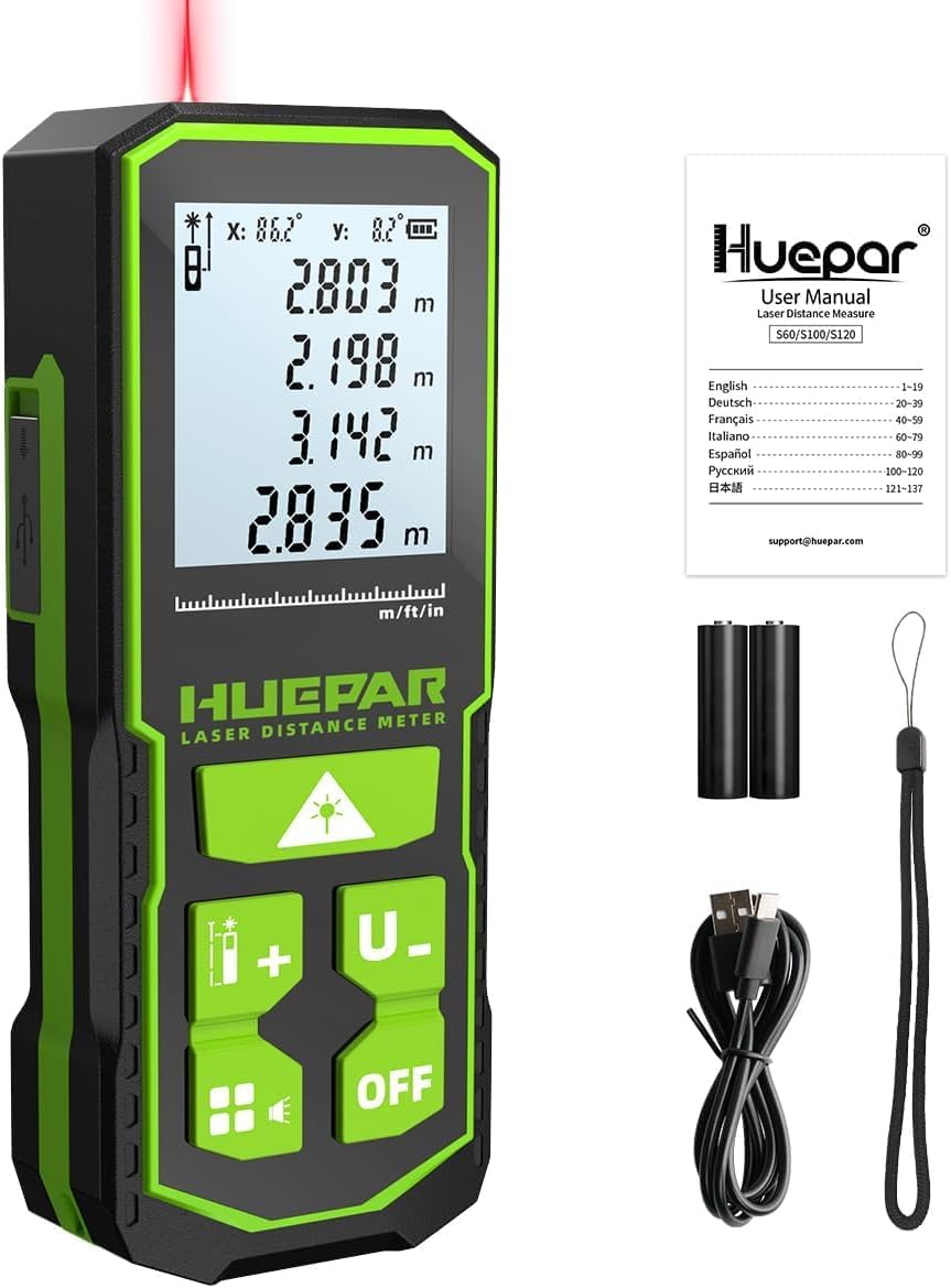 Huepar 196Ft/60M Laser Distance Measuring Tool Green Beam, Rechargeable Digital Laser Measure Meter with Angle Sensor, LCD Backlit Display, Laser Measurement Tool M/in/Ft/Ft+in