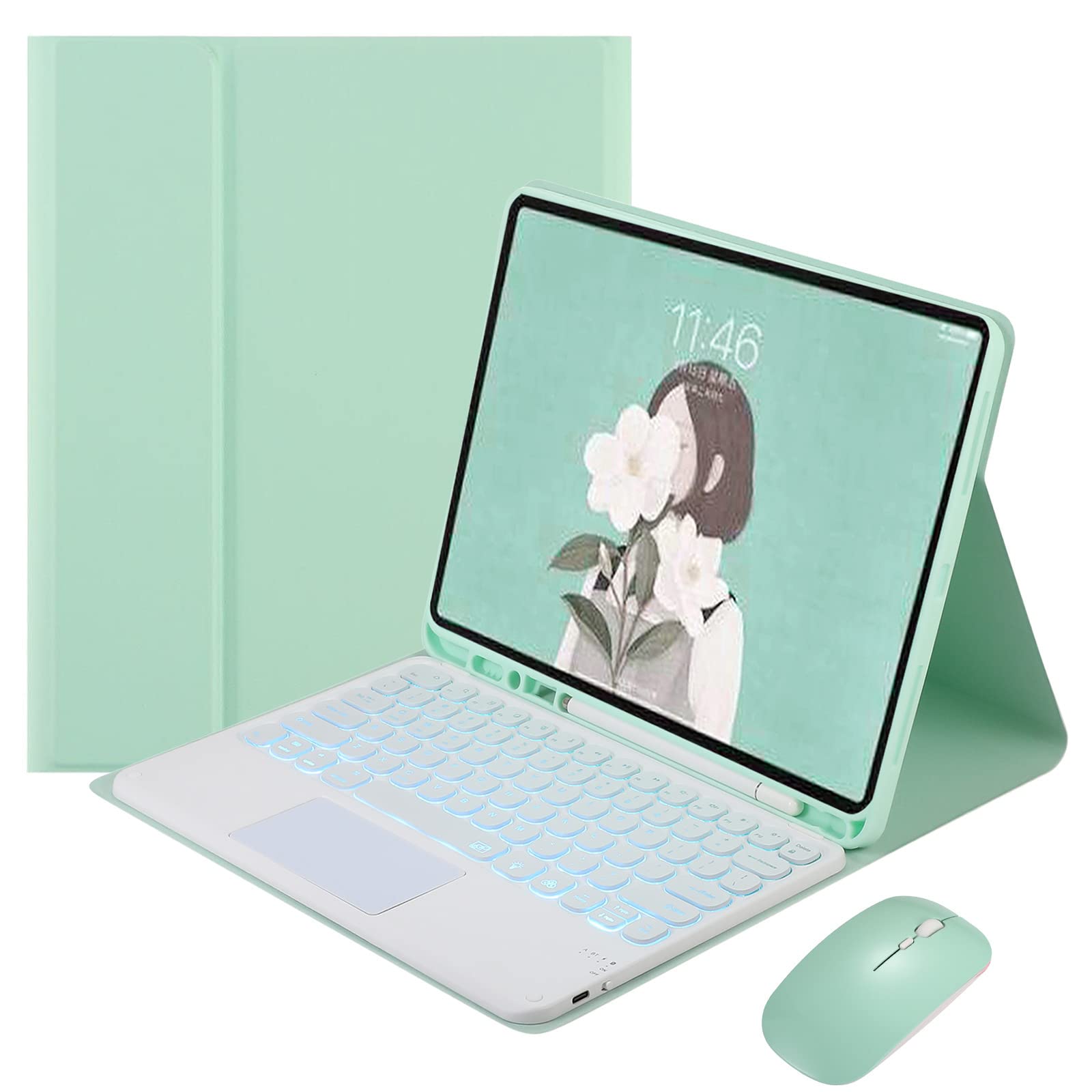 Etui na klawiaturę z touchpadem do Samsung Galaxy Tab S8 Plus/S8+ 12,4'' 2022 (SM-X800/X806), 7 kolorów podświetlenia, bezprzewodowe etui folio z uchwytem na długopis S, zielone