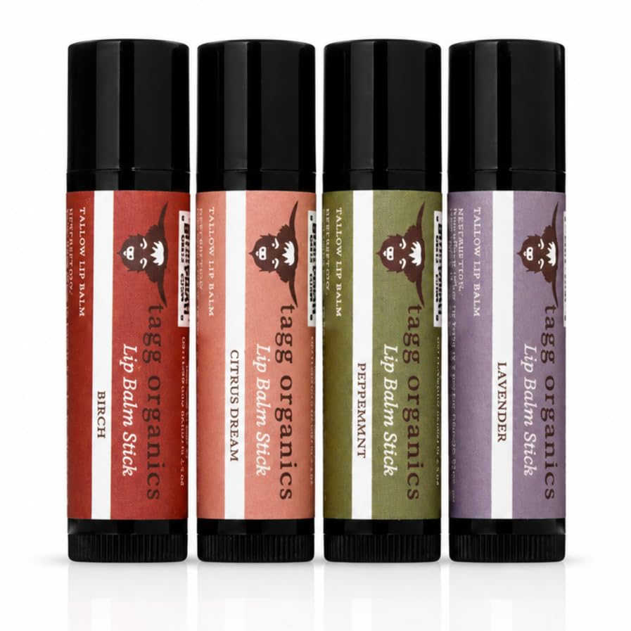 Tallow Lip Balm Variety Pack Moisturizing Lip Care with Grass-Fed Tallow Natural Beeswax & Essential Oils 4 Pack (.15 oz)