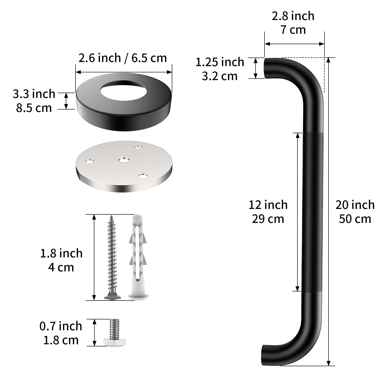 ZUEXT - Confezione da 2 barre di sicurezza per bagno, 50,8 cm, nero opaco, con impugnatura zigrinata, corrimano di sicurezza antiscivolo in acciaio inox per WC, doccia, vasca da bagno, barra di