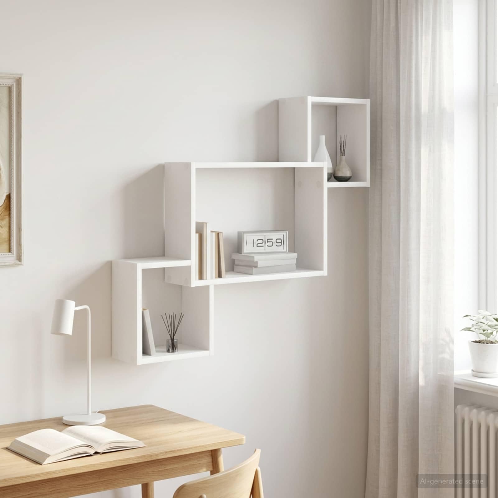 Wandregal Wandhalterung Weiß aus Holzwerkstoff 91,5 x 15 x 76 cm, schwebendes Regal mit Wandmontage, platzsparendes Wandsystem, vielseitiges Wohnregal für Wohnzimmer und Büro