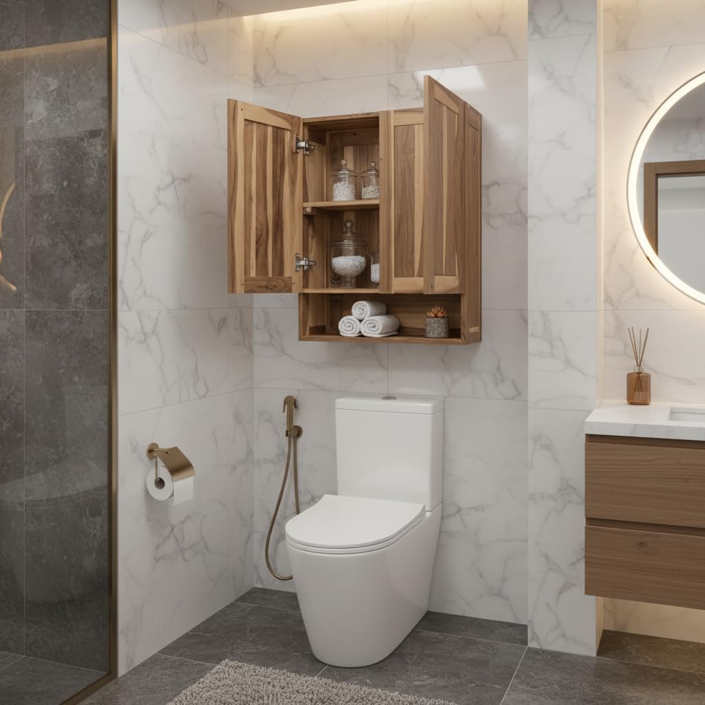 EcoDecors 100% Solid Teak Wood, Medicine Chest, Hanging Wall Cabinet (Curvature) Soft Close Doors, Hanging Wall Cabinet in Natural Color