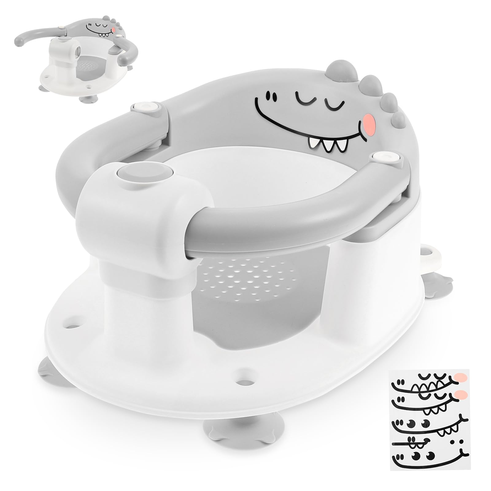 Baby Bath Seat from 6 Month & Up,Cartoon Nonslip Toddler & Newborn Bath Seats,Baby Sit Up Chair with 4 Strong Suction Cup One Handed Unlockable Design(Grey)