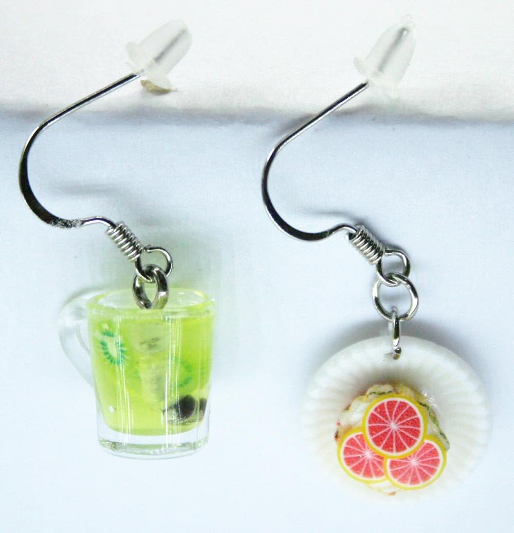 Polymer Clay Handmade Kiwi Soda with Lemon Cup Cake Earrings