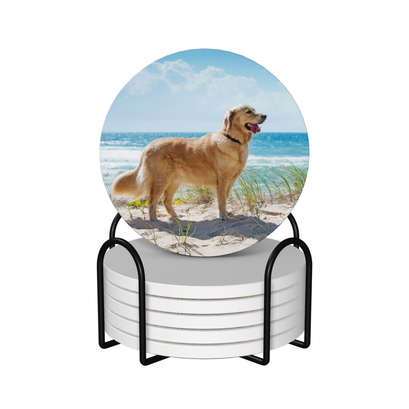 WKSGDSG Ceramic Coaster Set Of 6, Golden Retriever Round Coasters For Drinks With Cork Base And Metal Holder Absorbent Anti Slip Coasters For Coffee Table Room Bar Home Decor Housewarming Gifts