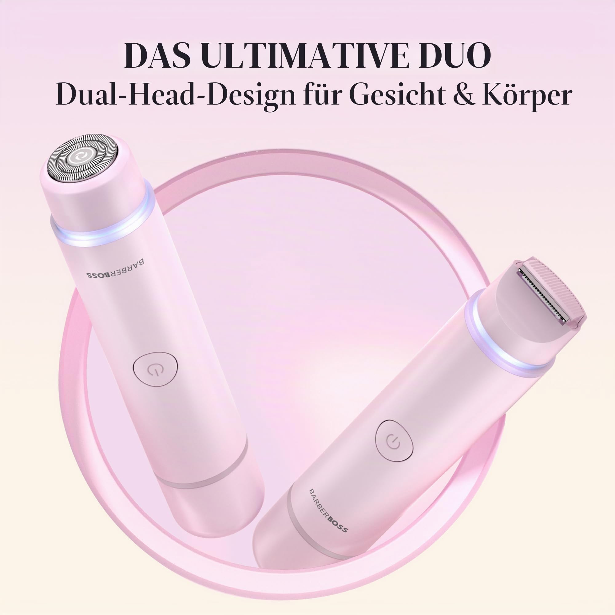 BarberBoss 2-in-1 Damenrasierer für Frauen, Bikini- & Gesichtshaarentferner, Doppelkopf Körper- und Gesichtstrimmer (Rosa) | Bikini- & Gesichtshaarentferner-Kit, Doppelkopf-Gesichts- und Körper-Trimmer, Präzisionslicht, Wiederaufladbar