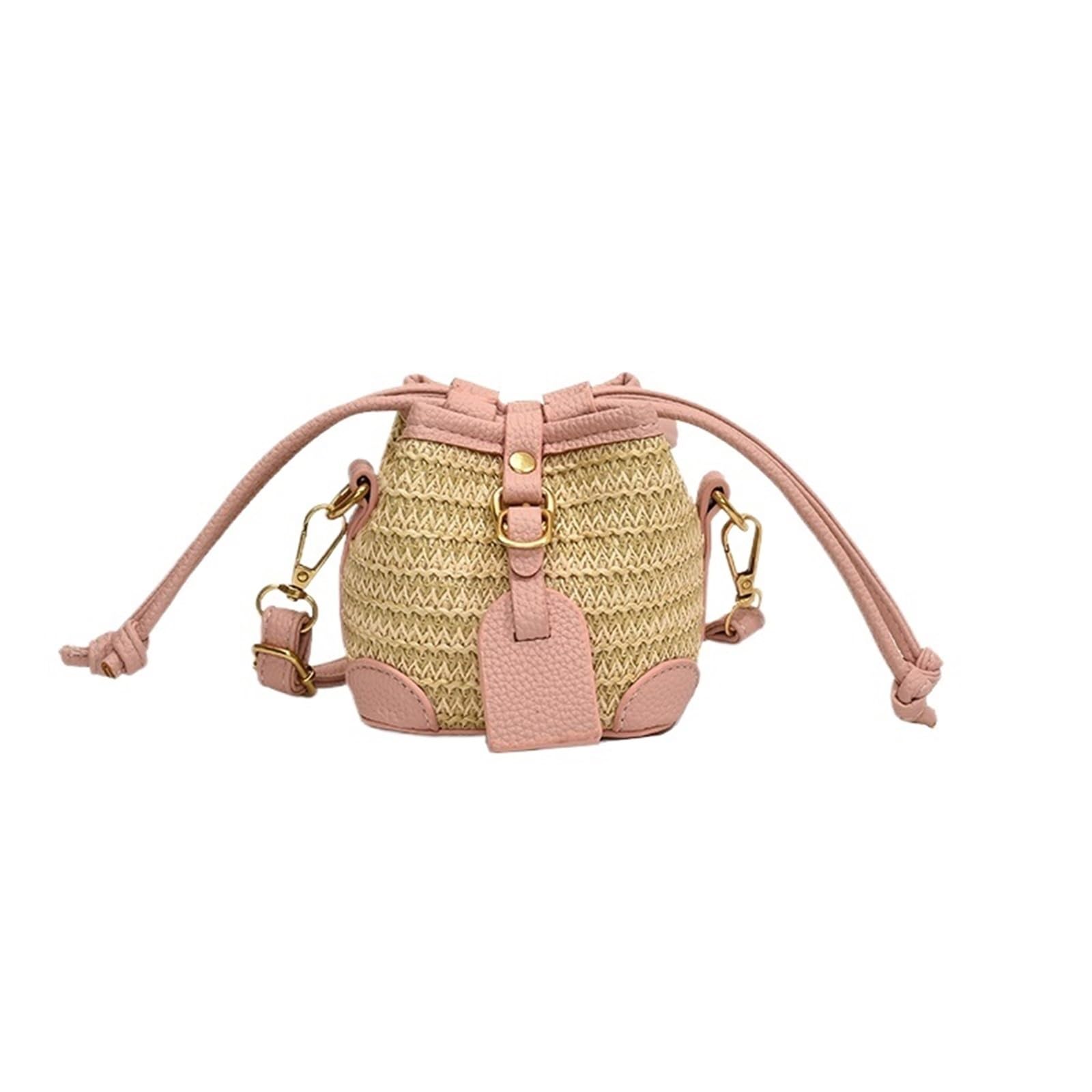UALXPAO Women Straw Bag Mini Straw Bucket Bags For Women Summer Knitting Shoulder Crossbody Bag Female Messenger Handbag(Pink)