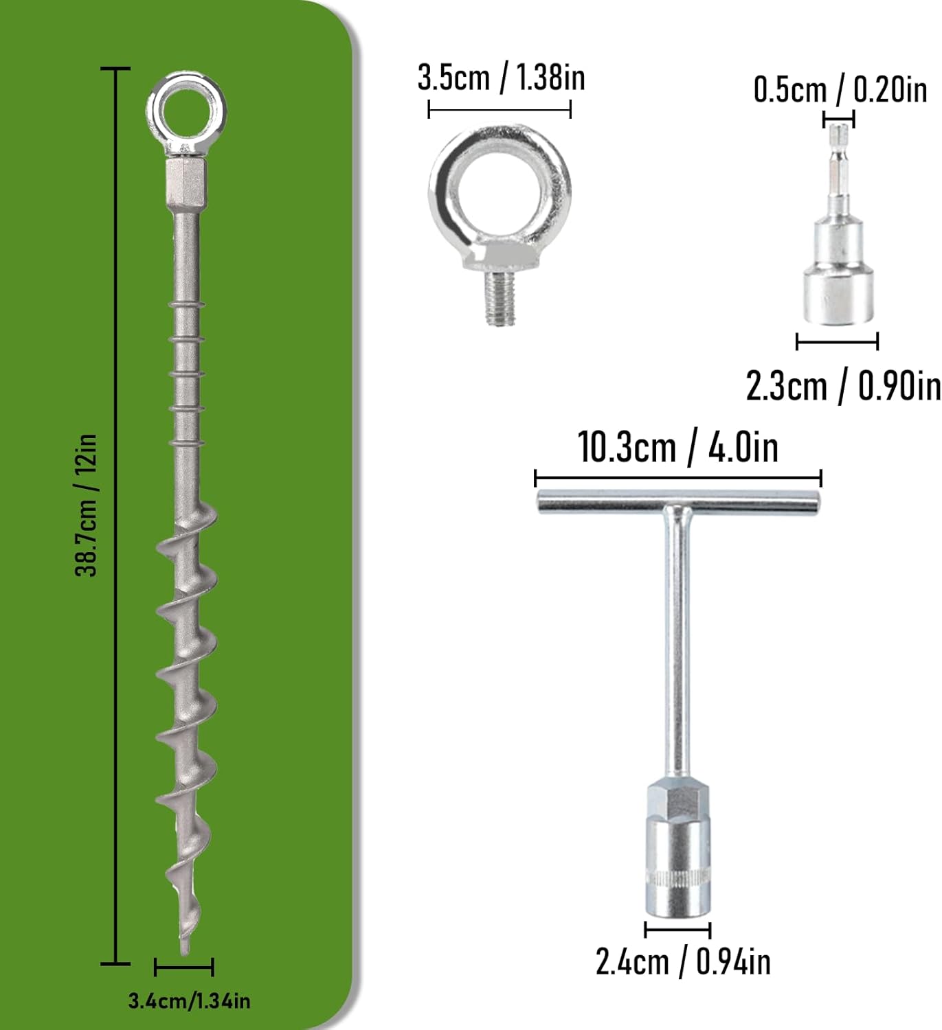 12" Ground Anchors Screw in Non-Rust Cast Aluminum Detachable Tent Stakes for Camping Tents, Sand, Trampoline, Swing Sets and Sheds (12 Packs)