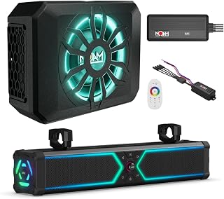NOAM Marine Soundbar + Subwoofer Complete UTV Audio System – Waterproof Bluetooth Soundbar with RGB LED Lights & 10” Marine Subwoofer, Amplified Sound System for UTV, ATV Boat & Golf Cart