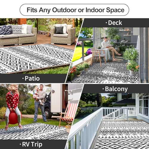 Waterproof Outdoor Rug 5x8ft, Bohemia Reversible Plastic Straw Mat for Patio RV Deck Porch Backyard Balcony Camping Picnic Beach Indoor Outdoor Carpet, Black&White - Image 4