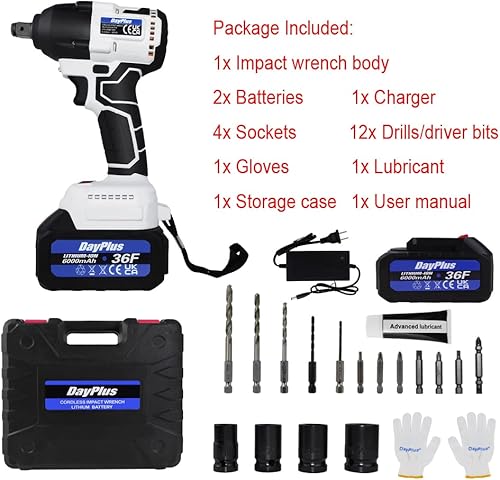 Miniatura 7 de Juego de llaves de impacto inalámbricas, kit combinado de llaves de impacto eléctricas sin escobillas de 12 pulgada, con 2 baterías 6.0, 4 enchufes,