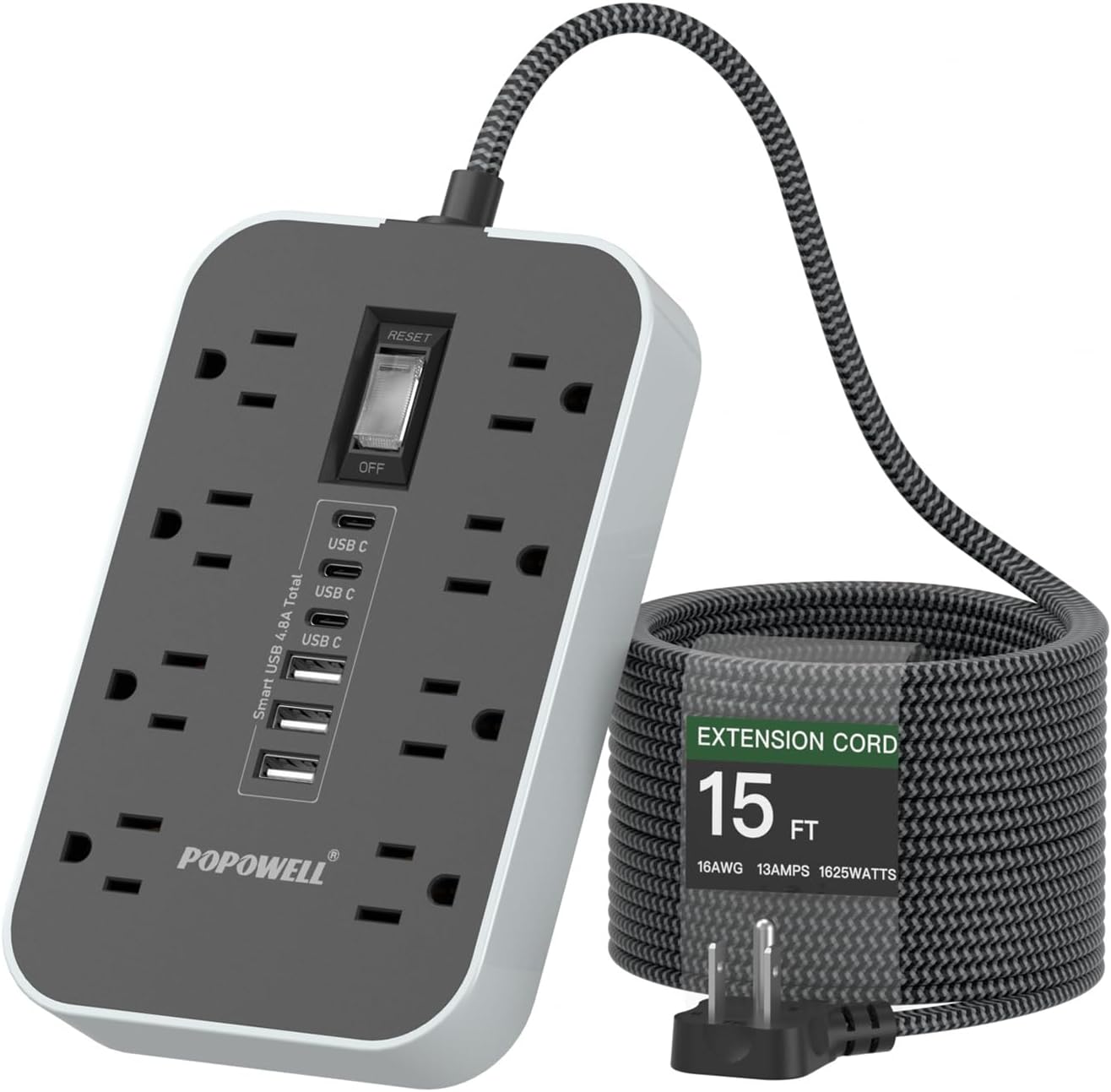 15FT Extension Cord- Power Strip Surge Protector with 8 AC Outlet & 6 USB Charging Block（3 USBC, Ultra Thin Flat Extension Cord 15 feet,1080 J Surge Protection for Home,Office, Desk Essentials.