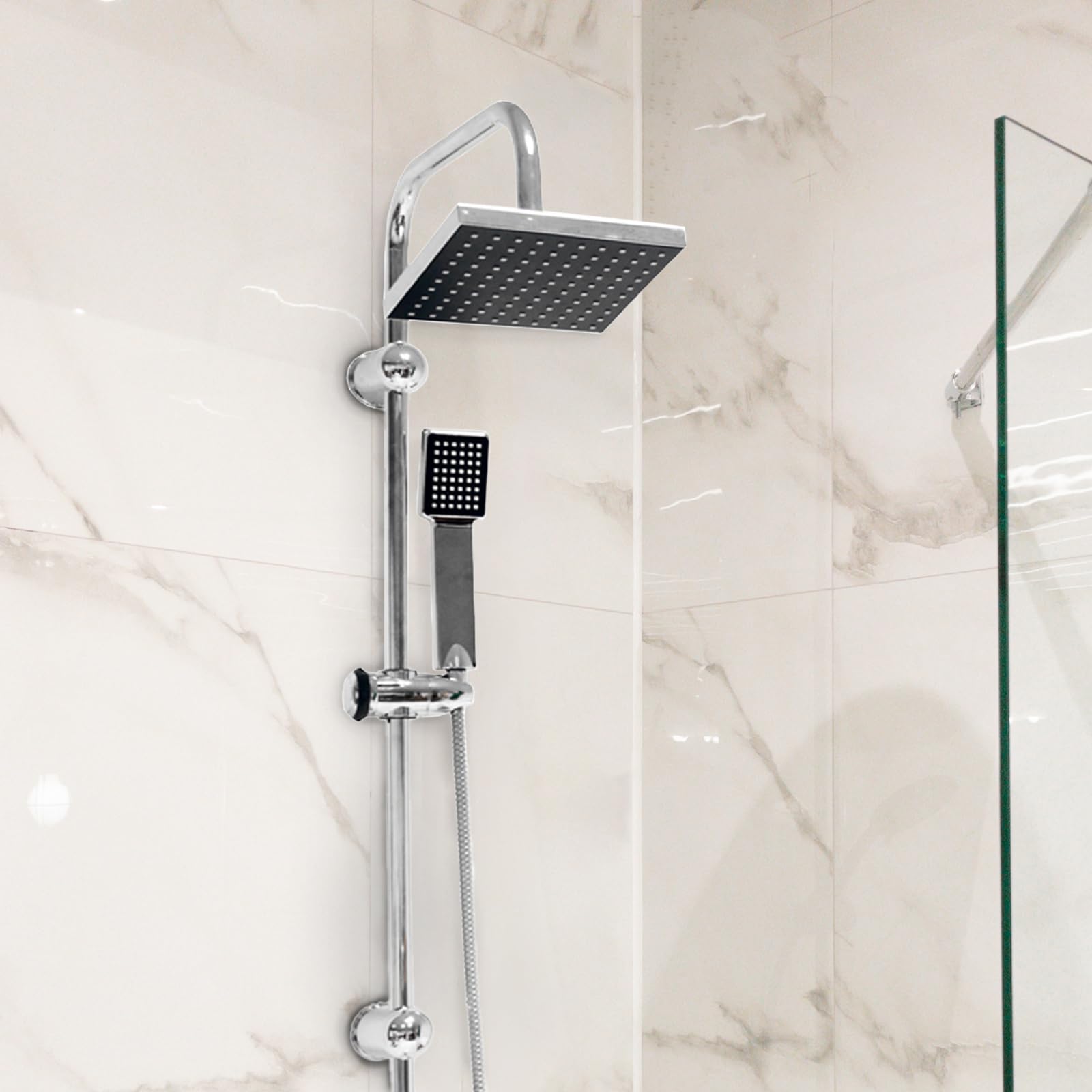 Grafner Regendusche im Set incl. Kopfbrause, Handbrause, Schlauch, Stange und Anschluss-Set Duschset Duschsystem Duschgarnitur eckig