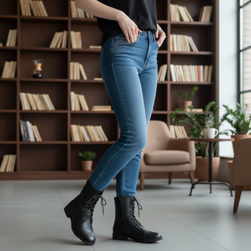 ABSOLEX Womens Lace up Round Toe Low Heel Combat Boots - Image 2