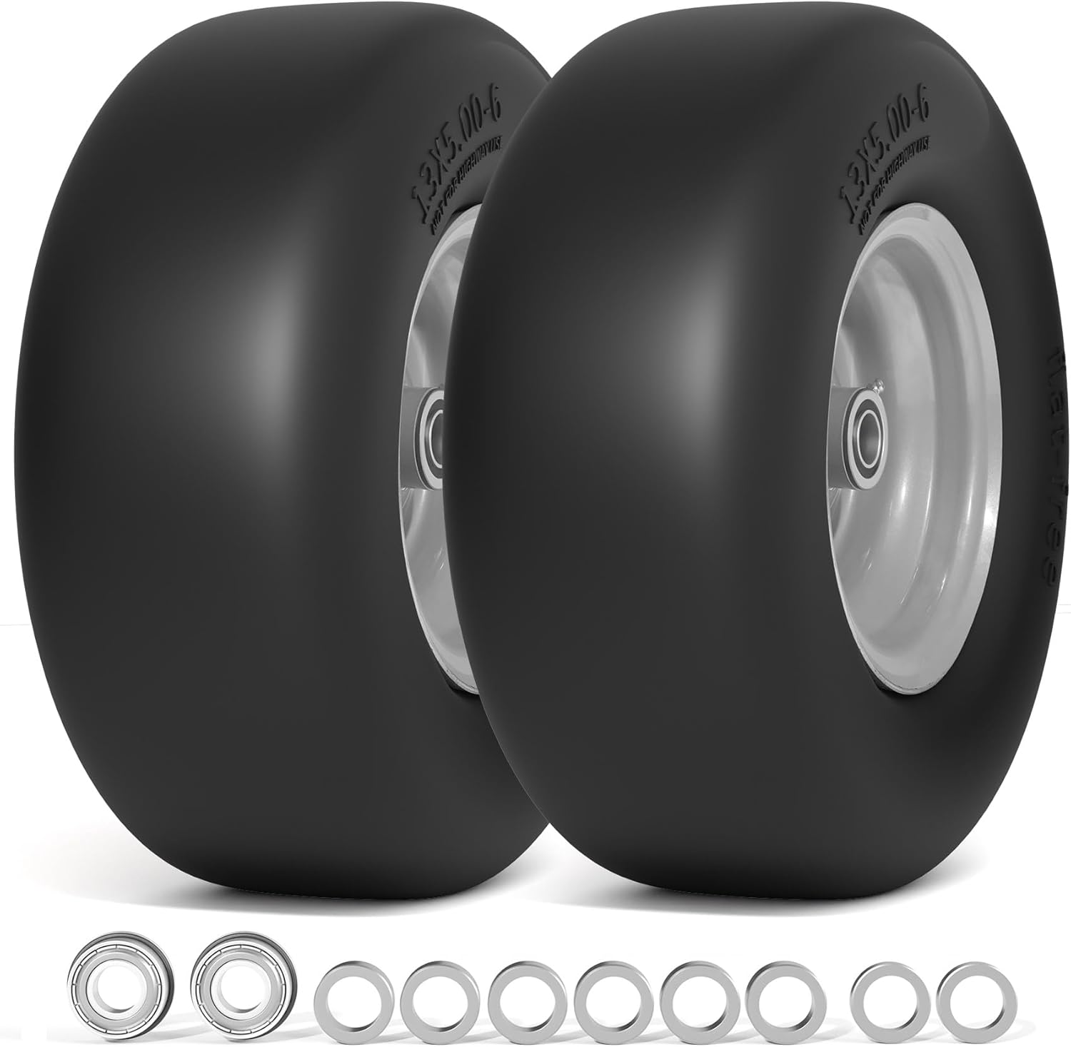 13x5.00-6 Flat Free Lawn Mower Tire, Zero Turn Mower Front Tires, 13x5x6 Solid Mower Wheel for Residential and Commercial, 3/4 & 5/8 Bearing, 3.25-5.9 Center Hub, 2Pack Gray, 500Lbs
