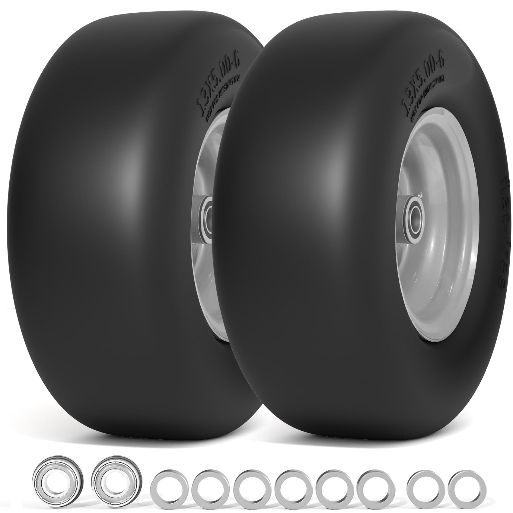 13x5.00-6 flat free lawn mower tire, zero turn mower front tires, 13x5x6 solid mower wheel for residential and commercial, 3/4" & 5/8" bearing, 3.25"-5.9" center hub, 2pack gray, 500lbs
