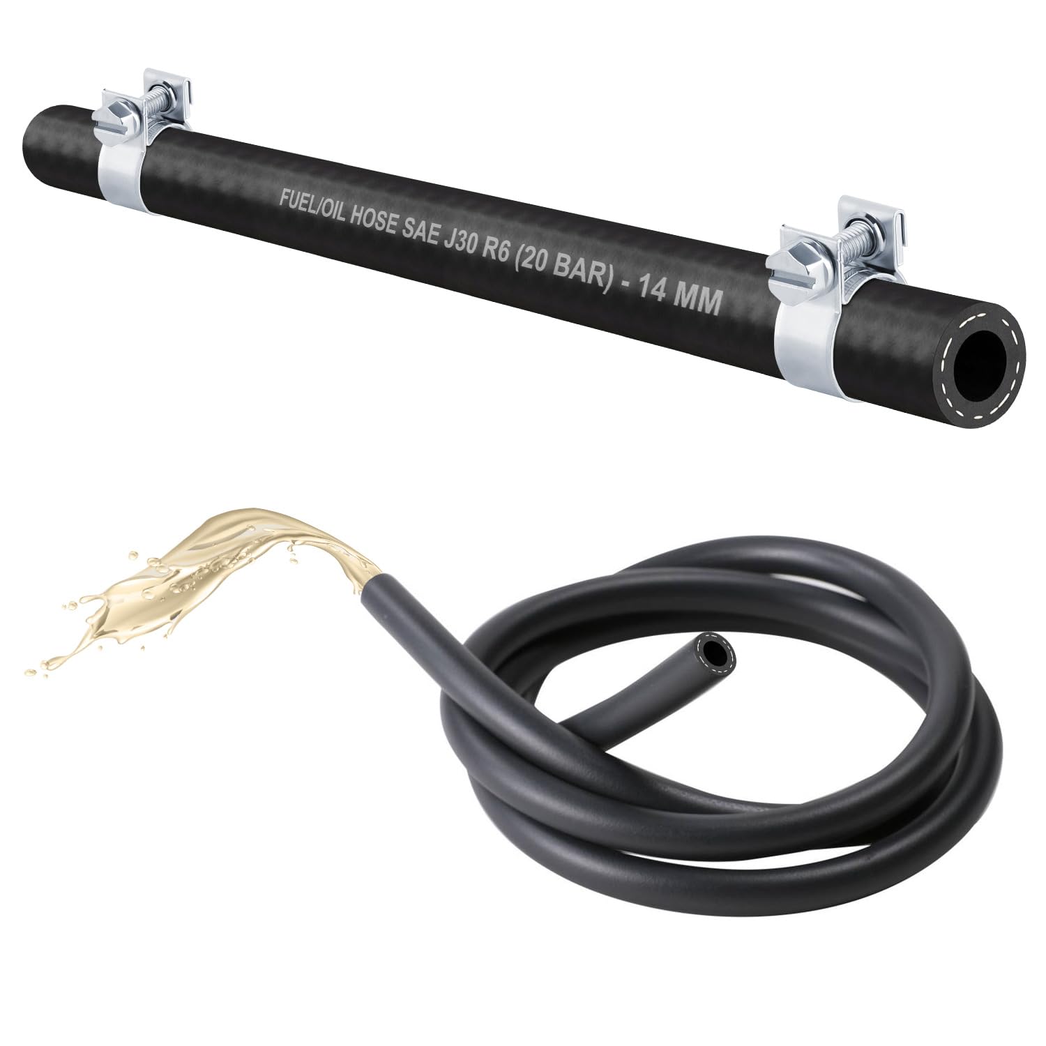 (14 mm) 1x Meter Benzinschlauch Ölschlauch Dieselschlauch Kraftstoffleitung für Benzin Kraftstoff Diesel Öl (SAE J30 R6)-(Ink 2x W1 Mini Schelle) (Innen 14,0mm/Außen 22,0mm (Schelle große 21x23mm))