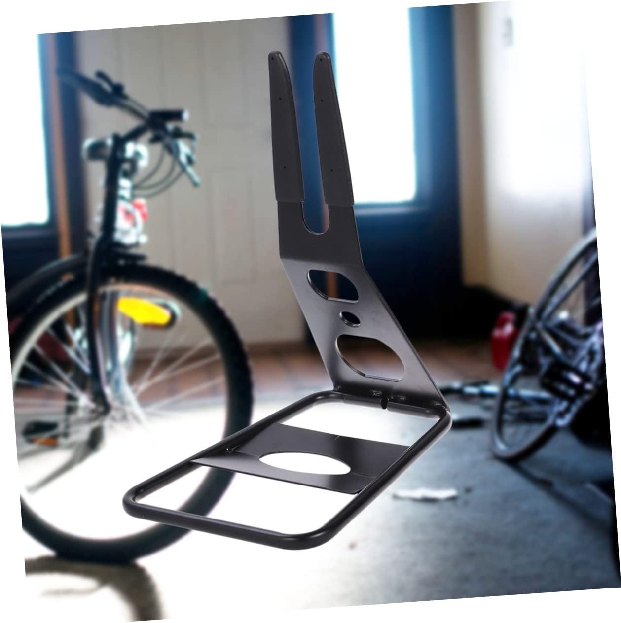 BESPORTBLE Metal Floor Bike Rack Portable Arm Stand for Mountain Sturdy Black Parking Display Repair Holder for Garage Outdoor Use