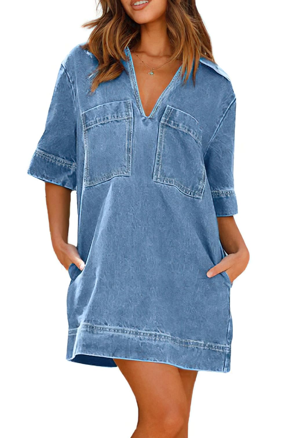 chouyatou Women's Summer Loose Fit V-Neck Sexy Mini Denim Dress Cute Jean Tunic Dress with Pockets
