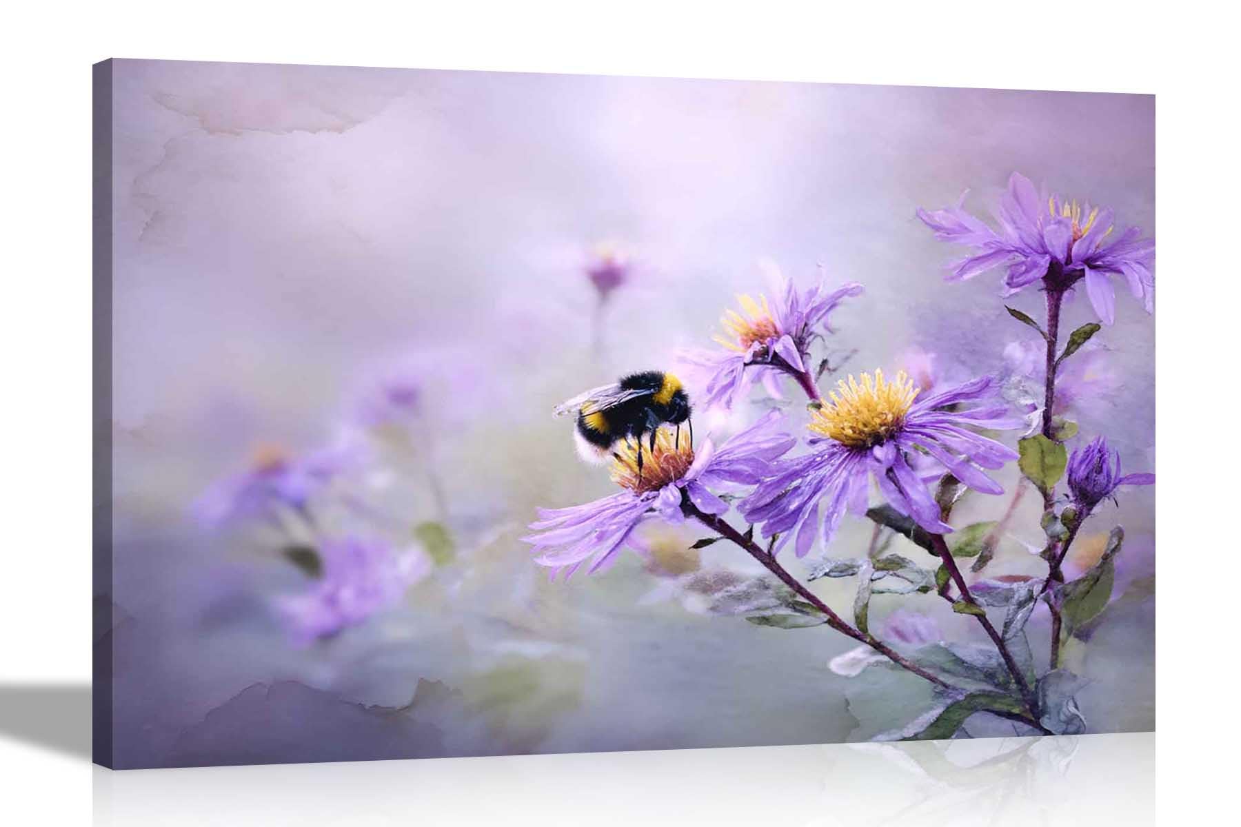 Artley Prints Bumblebee Purple Flowers - Bumblebee On Purple Flowers Framed Canvas Wall Art Prints For Living Room Décor Pictures 40 X 30Cm (16 X 12 Inches) A3