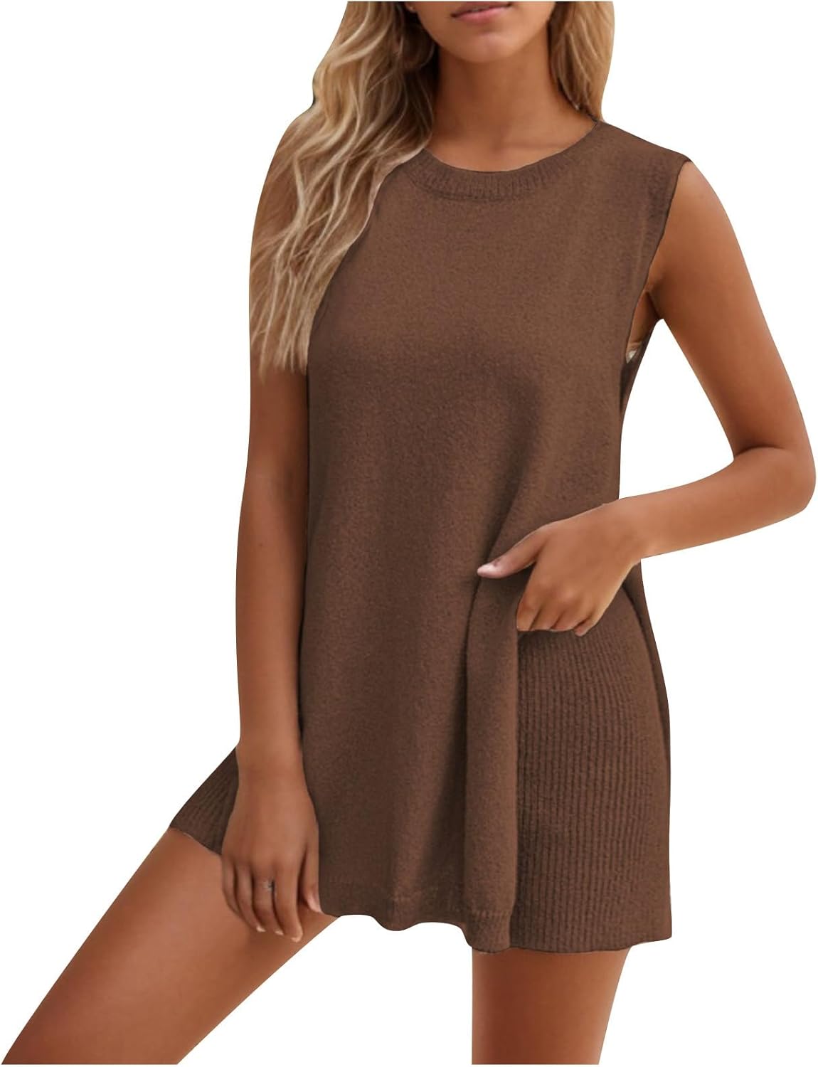 Generic Womens Summer Sweater Sets, 2 Piece Beach Vacation Outfits, Knit Tank Top Vest Matching Shorts Set Ribbed Lounge Sets