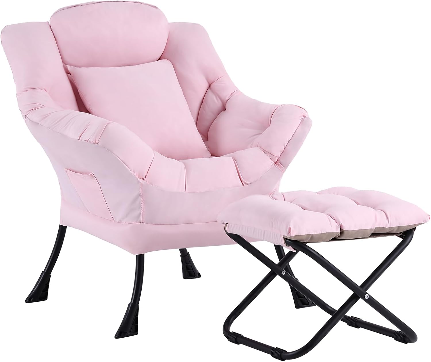Lazy Chair with Ottoman, Modern Accent Leisure Sofa Chair with Footrest Stool & Throw Pillow, Modern Lounge Chair with Armrests for Living Room, Pink