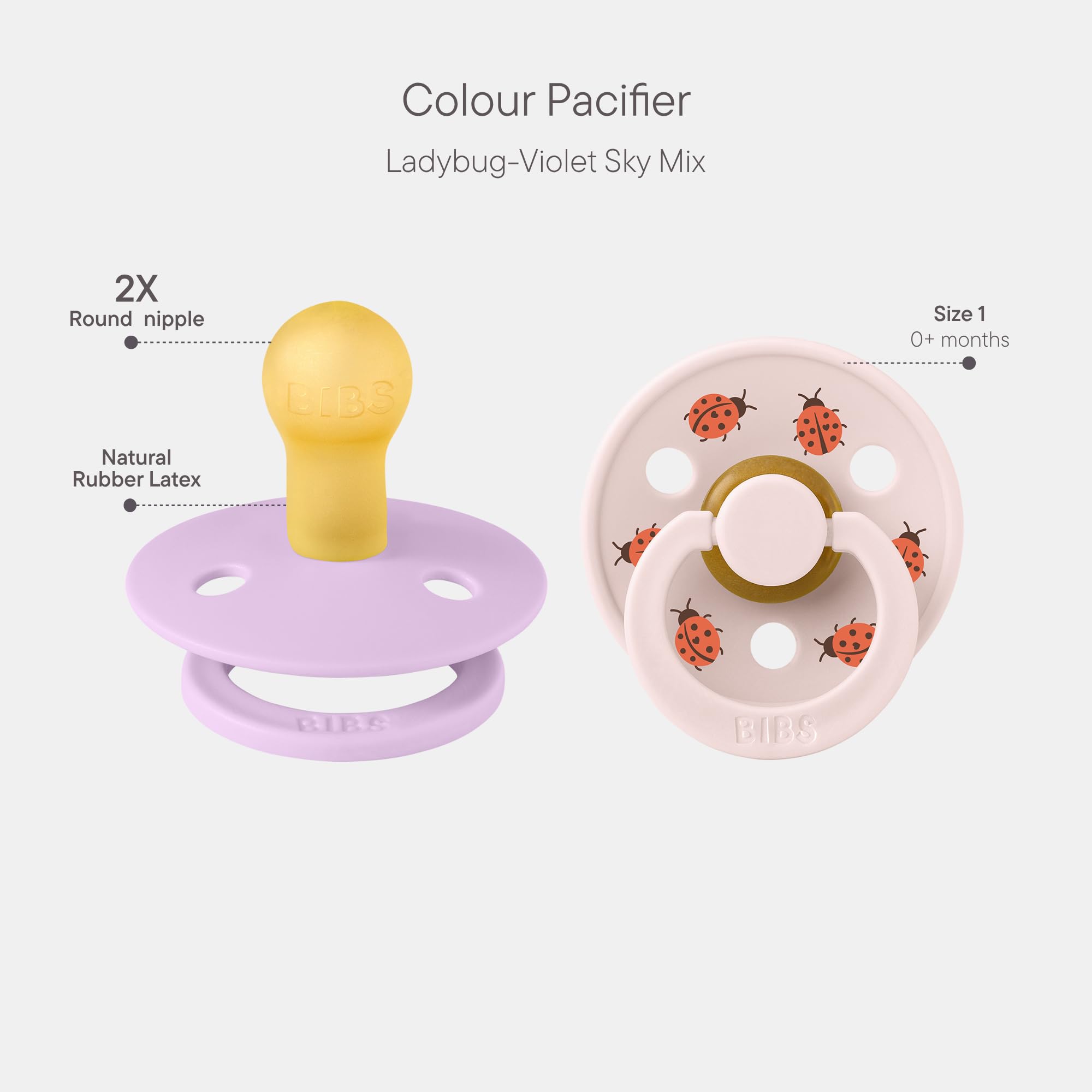 BIBS Colour Studio Schnuller 2er-Pack, BPA-frei, Kirschform Nippel. Naturkautschuk/Latex, Hergestellt in Dänemark, Größe 1 (0-6 Monate), Violet Sky/Petal - 3