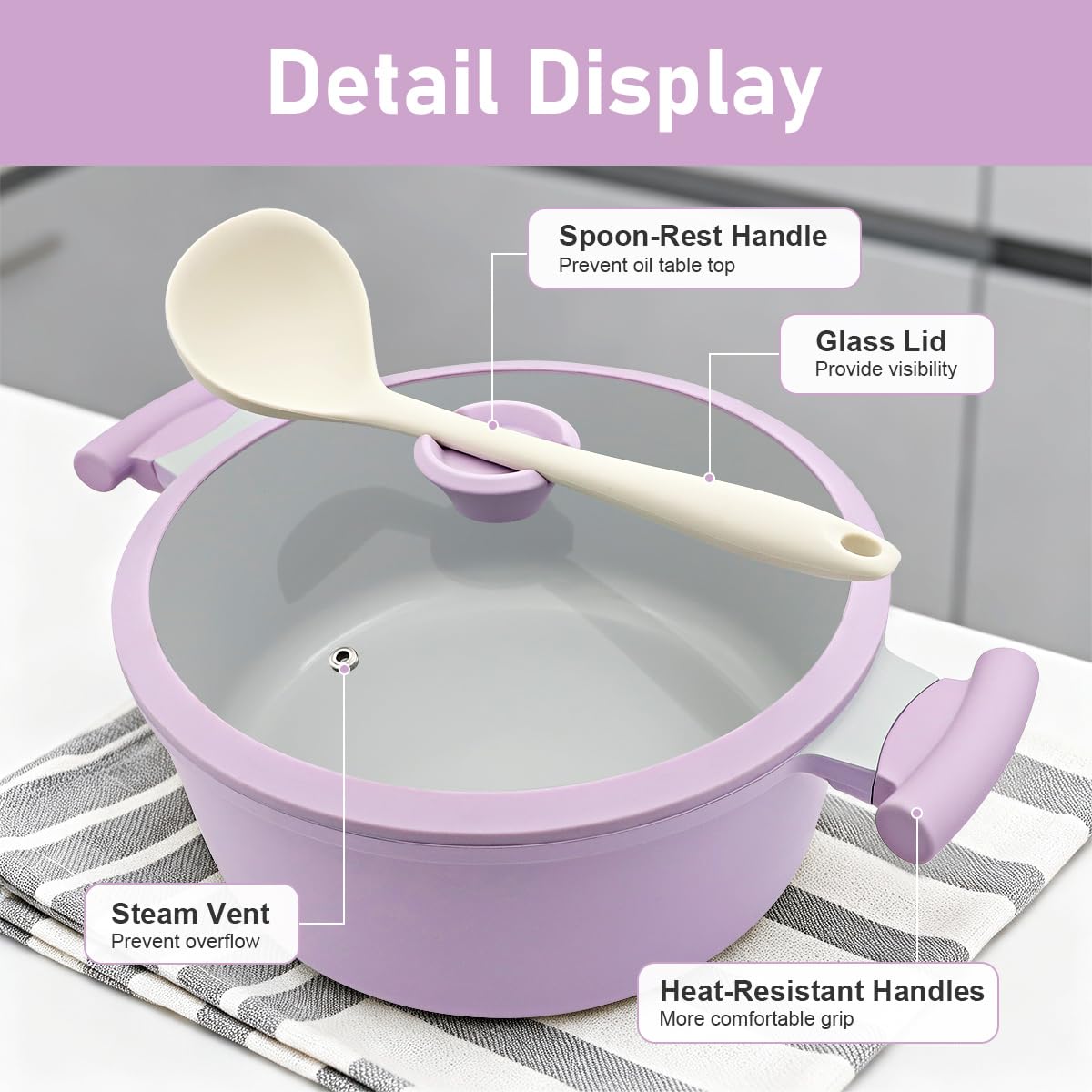 AIKENBBKK Kochtopf 28cm mit Deckel, 7L Anthaft Aluminium Schmortopf-Lila