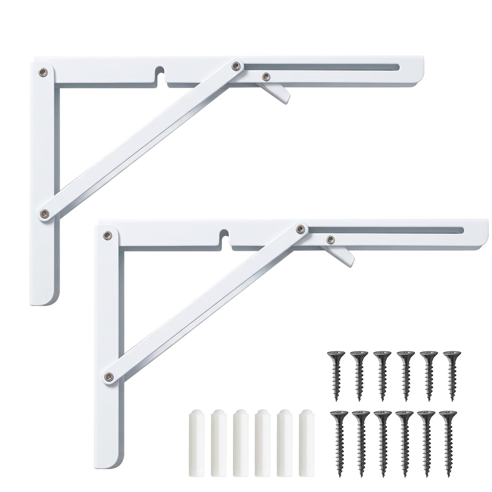 2 PcsFolding Shelf Brackets Heavy Duty, Wall Brackets for Shelves, Folding Bracketss, 90 Degree Metal Folding Consoles for Table Foldable Work Bench Kitchen Office Wall - White (12 Inch)