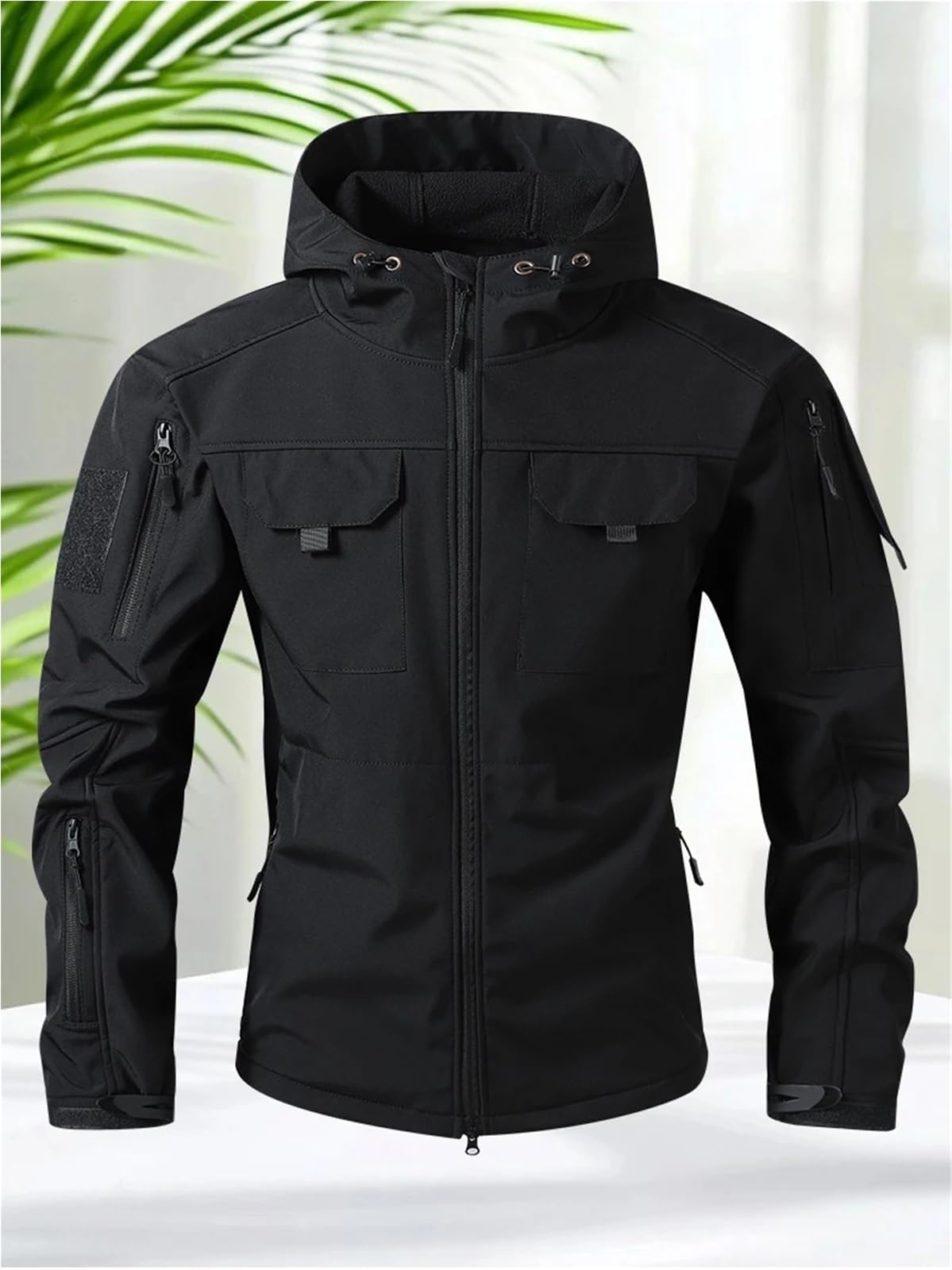 Giacca impermeabile da uomo, softshell, for escursionismo, caccia, multitasche, con cappuccio, fodera in pile, resistente alla pioggia Per Uomo