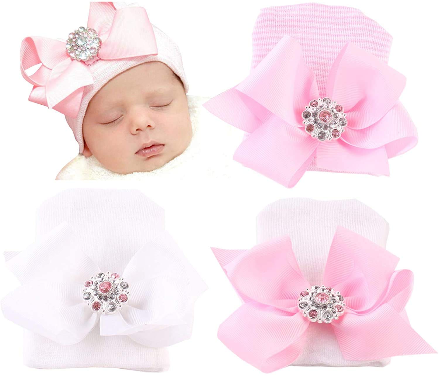 DRESHOWNewborn Hospital Hat Infant Baby Hat Cap with Big Bow Soft Cute Knot Nursery Beanie