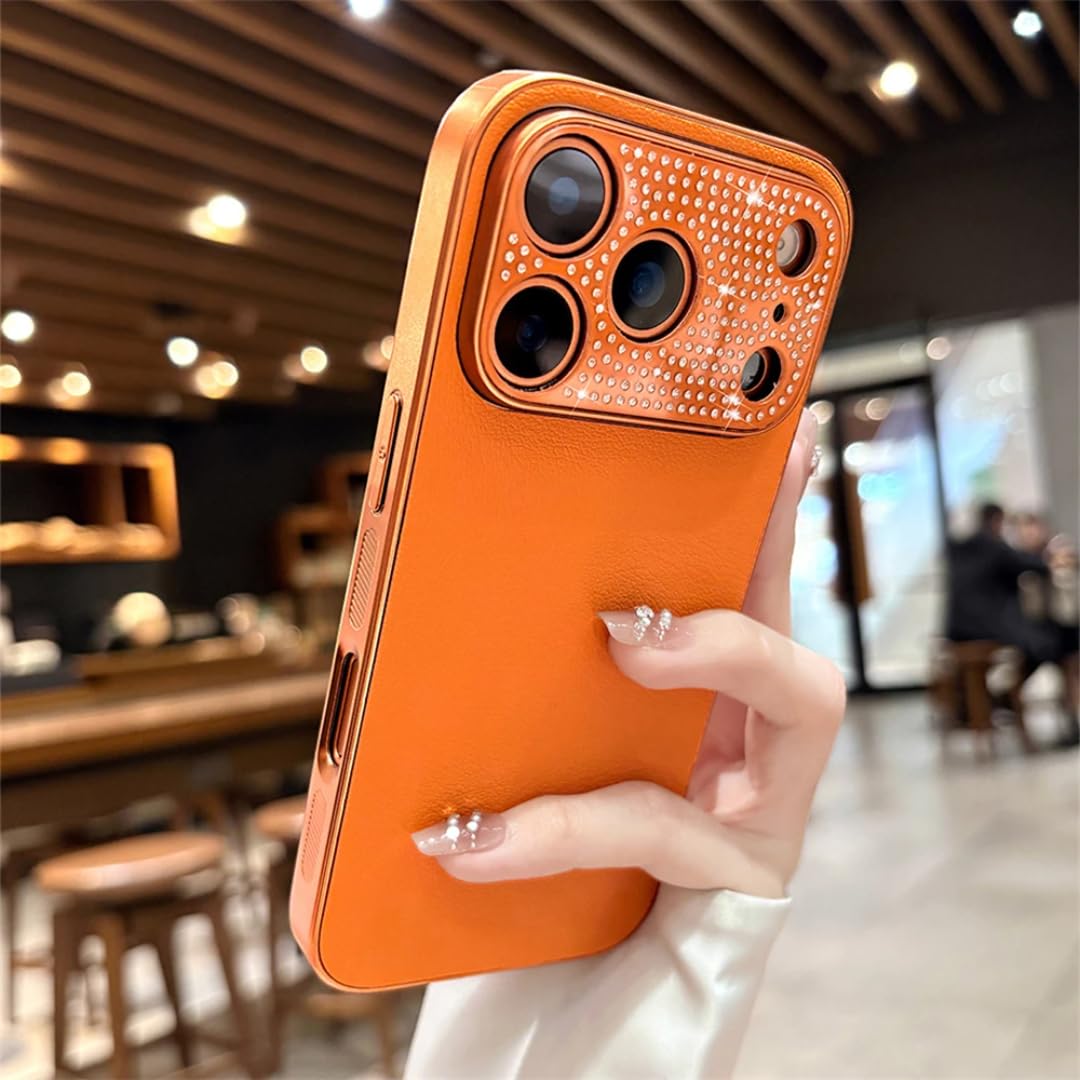 Coque iPhone 14 Pro cuir PU chic luxe strass orange antichoc - 7