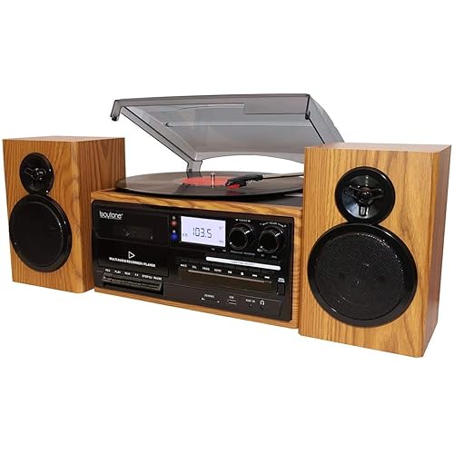 Boytone BT-28SPW Bluetooth Classic Record Player Turntable All-in-One with AM/FM Radio, CD/Cassette Player, 2 Separate Stereo Speakers, Record from Vinyl, Radio, and Cassette to MP3, SD slot, USB, AUX