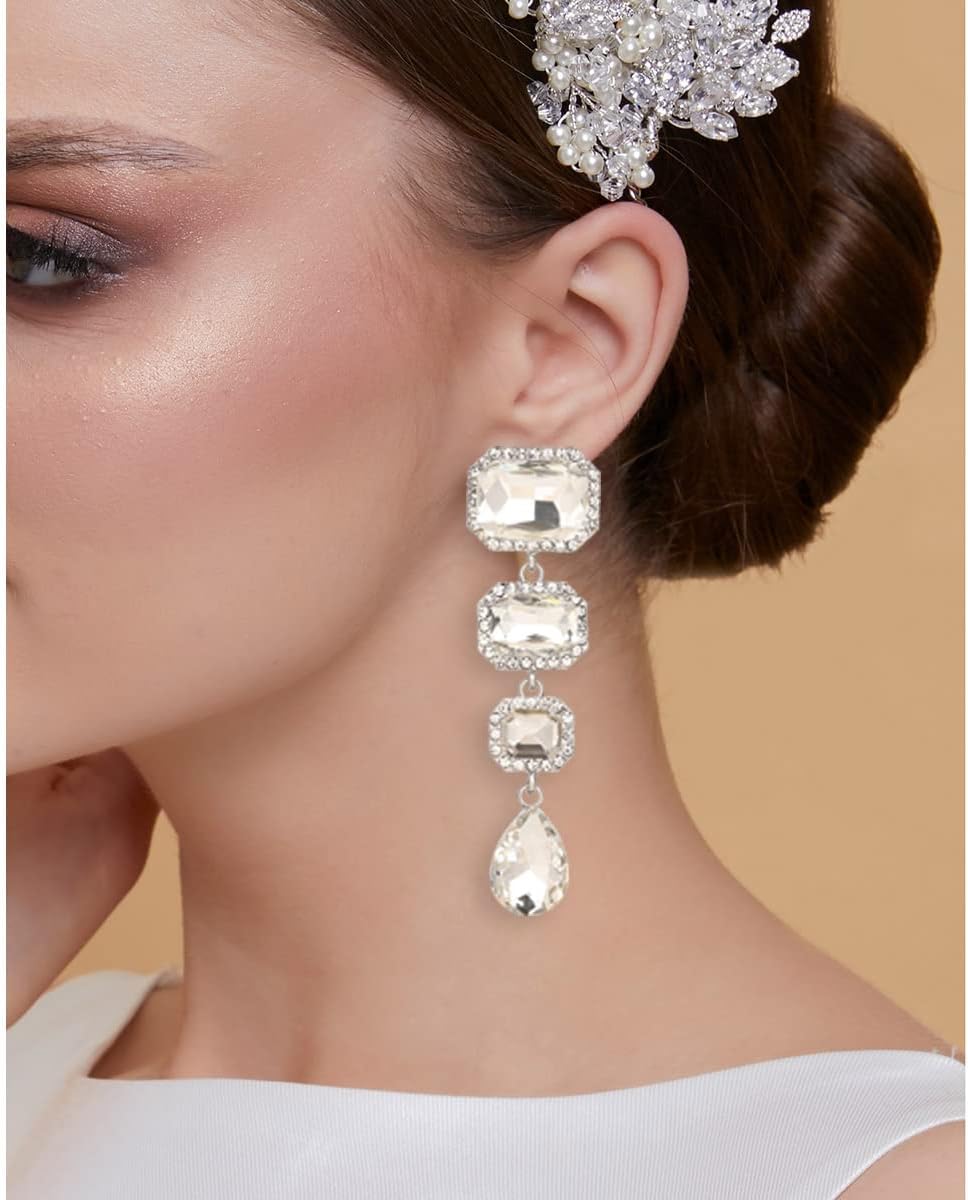 Vintage Rhinestone Drop Dangle Earrings Statement Crystal Dangling Earrings Rectangle Teardrop Chandelier Earrings for Women - Image 4