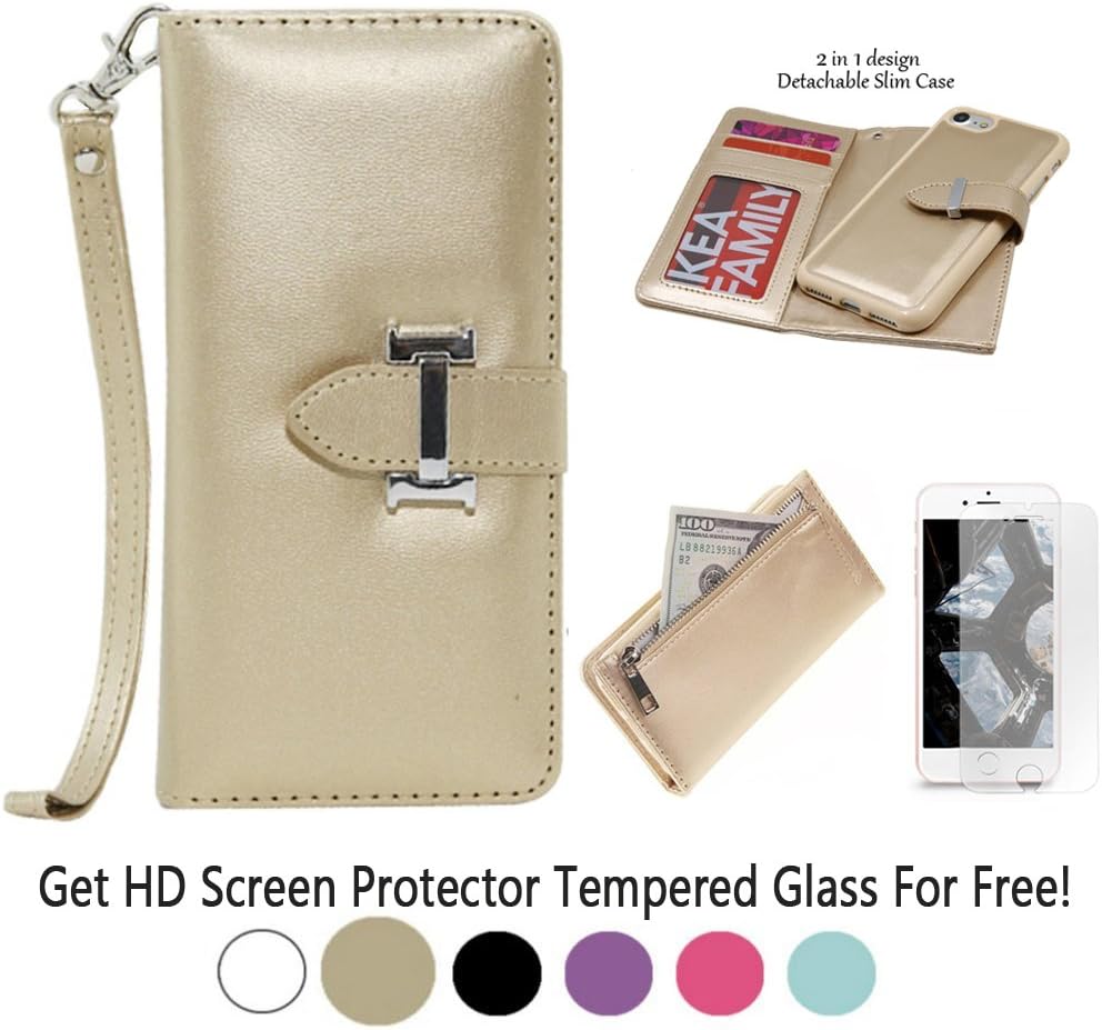 iPhone 6/6S Wallet Case for Women with Magnetic Detachable Slim Case and Back Zipper Pocket for Changes&Removable Wristlet, 3 Card Slots, Made with Premium Faux Leather in Gold-By Paraponera