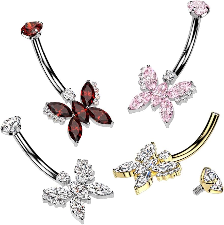 Implant Grade Titanium Internally Threaded 5 Marquise CZ Butterfly With Round CZ Prong Set Top Belly Button Ring